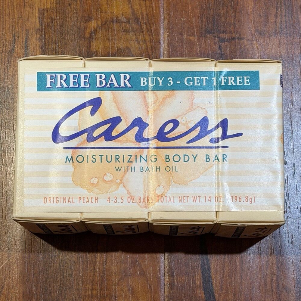 Vintage 4-Pack 1995 Caress 3.5 Oz Bath Oil Body Bars Original Peach Soap - NOS
